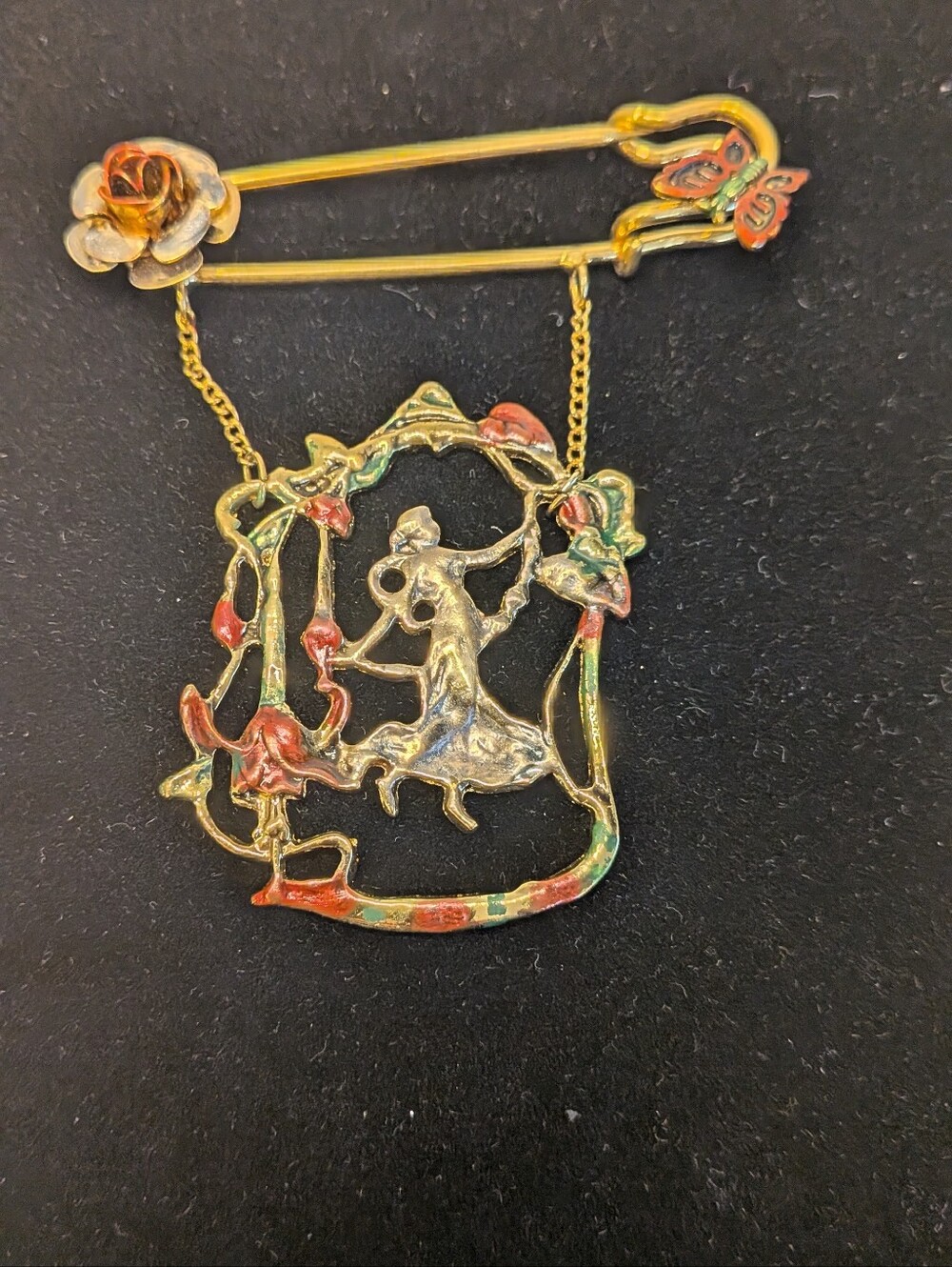 Vintage Art Nouveau Style Safety Pin Brooch Dangle Enamel Rose Butterfly Dancer